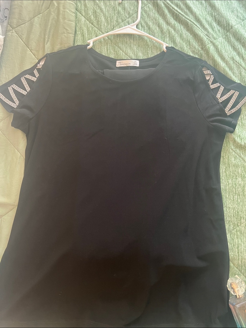 Madison Black Short-Sleeve Embellished Shoulder Top
